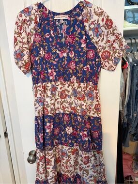 Floral Tiered Midi Dress in Blue and Cream - Needle & Thread